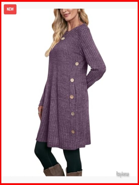 Long Sleeve Tunic Dress with Pockets, A-Line Silhouette, Button Details - Picture 4 of 5